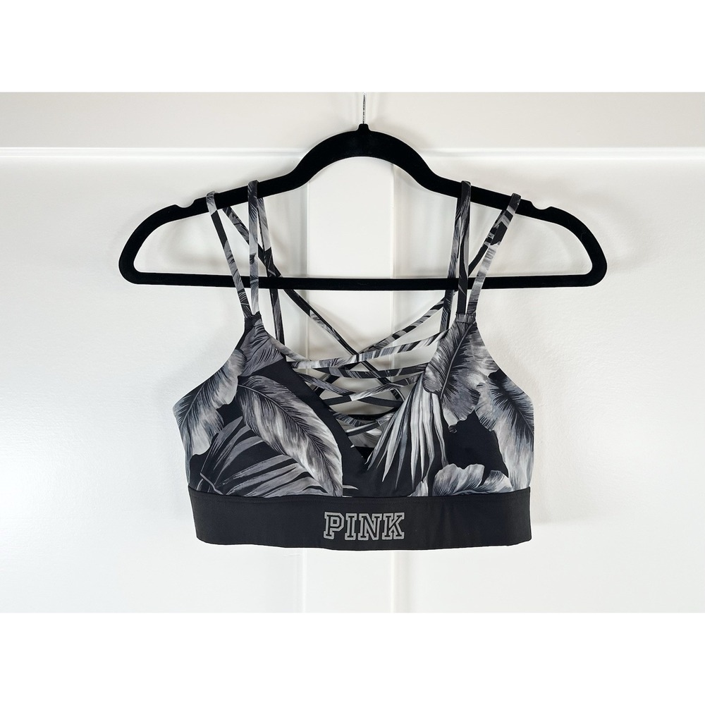 Victoria's Secret PINK Ultimate Strappy Unlined Sports Bra Tropical Black‎ M